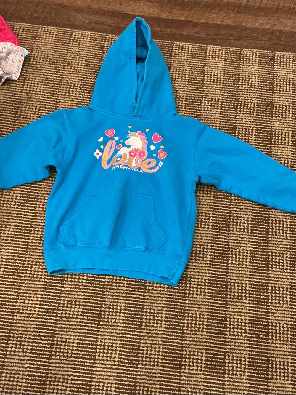 Girls Blue Hooded Sweatshirt with Unicorn Love Graphic